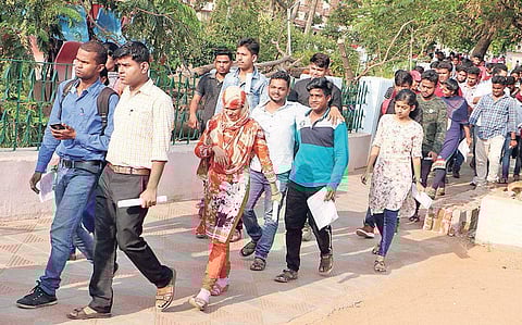 Students coming out of an examination centre after appearing at the OJEE-2019 in Bhubaneswar on May 1. ( Photo | EPS)