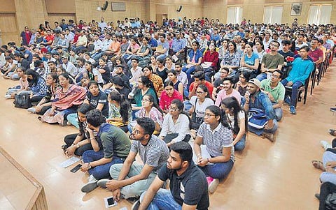 Students and their parents attend an orientation programme for admission to Delhi University on Monday | Naveen Kumar