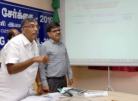 Minister K P Anbalagan allotting random numbers at DOTE campus in Anna University on Monday. (Photo | Martin Louis, EPS)