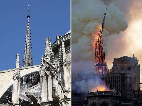 This combination of file photographs shows the steeple Notre-Dame de Paris Cathedral - (L) taken on June 26, 2018 showing sculptures and the steeple and (R) the steeple of the landmark cathedral collapsing as the cathedral is engulfed in flames in central