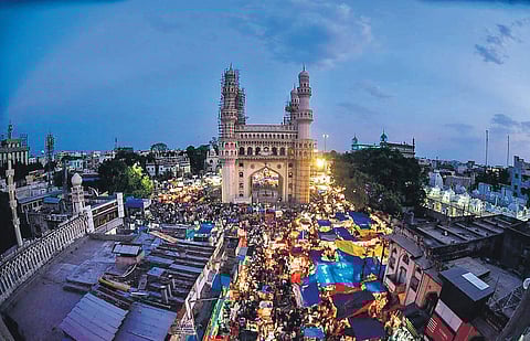Bird’s eye view of the shopping street at Charminar on the eve of Ramzan on Wednesday | Vinay Madapu