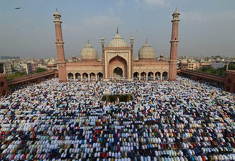 Muslims all over the world are celebrating the festival of Eid. IN PHOTO: Muslims offer prayers at the Jama Masjid mosque, Delhi.   (Photo | Naveen Kumar, EPS)
