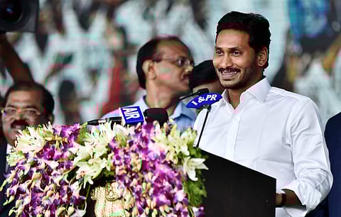 YS Jagan Mohan Reddy addressing the public after swearing-in asthe CM of Andhra Pradesh at IGMC stadium in Vijayawada on Thursday. ( Photo | P Ravindra Babu, EPS)