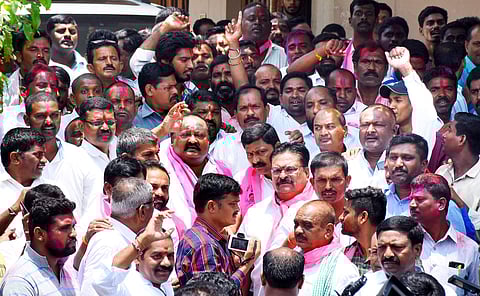 TRS party supporters celebrates ZPTC and MPTC election results in Karimnagar on Tuesday. (Photo | EPS)