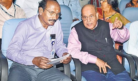 ISRO’s ex-chairman K Kasturirangan with chairman K Sivan. (Photo | File, EPS)