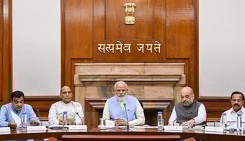PM Narendra Modi with Union Ministers Nitin Gadkari, Rajnath Singh, Amit Shah and Sadananda Gowda during the first cabinet meeting at the Prime Minister s Office in South Block on 31 May 2019. (Photo | PTI)