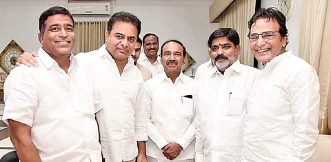 Newly-elected MPTCs and ZPTCs call on TRS working president KT Rama Rao (second from left) at his residence on Wednesday. Health Minister Eatela Rajender (centre) is also seen | Express