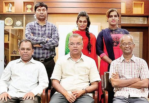 The two transgender students Mirthulla and Diya along with Loyola College principal A Thomas and other officials. (Photo| ENS)