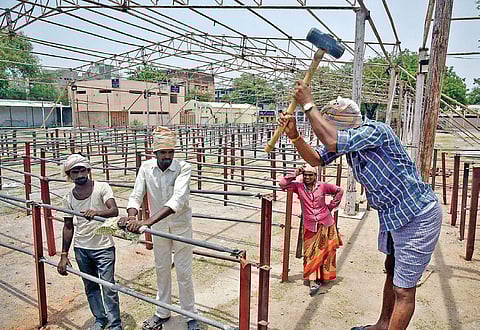 Arrangements in full swing at Nampally Exhibition Grounds on Wednesday ahead of the Fish Prasadam distribution | Vinay Madapu