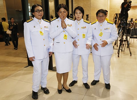 LGBT MPs from the Future Forward Party (from left to right) Tunyawaj Kamolwongwat, Tanwarin Sukkhapisit, Nateepat Kulsetthasith, Kawinnath Takey, arrive at the parliament in Bangkok (File photo | AP)