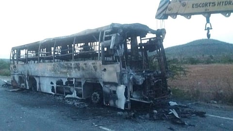 A private travel bus was caught on fire on NH 44 near Enugumarri in Kurnool district on Thursday