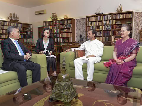 Delhi Congress Parliamentary Party chairperson Sonia Gandhi and party President Rahul Gandhi with Li Xi, the member of the Political Bureau of the CPC Central Committee of China during a meeting at 10 Janpath in New Delhi on 6 June 2019. (Photo | PTI)