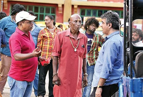Rajsekar with Ajith and Rajendran on the sets of Vedhalam