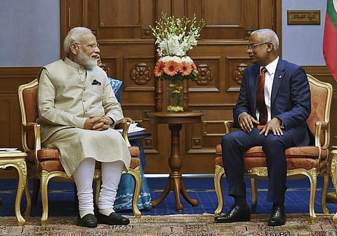 In this photo released by the India Government Press Information Bureau, Indian Prime Minister Narendra Modi, left and Maldives President Ibrahim Mohamed Solih sit during their meeting in Maldives, Saturday, June 8, 2019. | AP