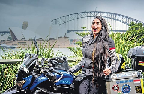 Candida Louis rode from Bengaluru to Sydney on her Bajaj Dominar bike.