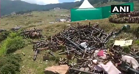 A file photo of work underway by Municipal Corporation to clean up the garbage and waste left behind in Auli after the marriage of members of the Gupta family of South Africa, at the hill station held between 18 to 22 June. (Photo | ANI Twitter)