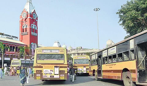 A file photo of MTC buses parked in front of Chennai Central railway station| Express