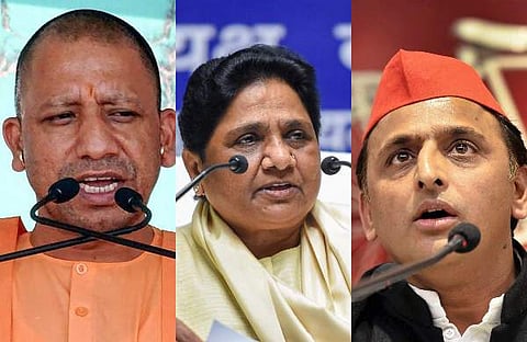 Uttar Pradesh CM Yogi Adityanath, BSP chief Mayawati and SP chief Akhilesh Yadav (File Photo | PTI)
