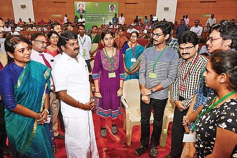 Health Minister C Vijaya Baskar interacting with parents and students who appeared for the counselling in Chennai on Tuesday | DEBADATTA MALLICK