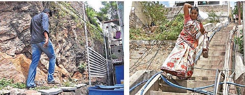 A man walks on a narrow path to the hillock colony at Moghalrajpuram in Vijayawada; these haphazard pipes could prove death trap for residents. (Photo | P Ravindra Babu, EPS)