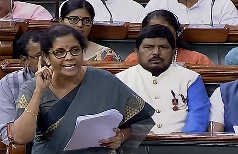 Union Finance Minister Nirmala Sitharaman speaks in the Lok Sabha during the Budget Session of Parliament in New Delhi. (Photo | PTI)