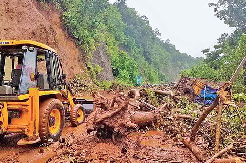 The NH-63 Ankola-Hubballi highway near Ramanaguli village was blocked for six hours following a landslide | express