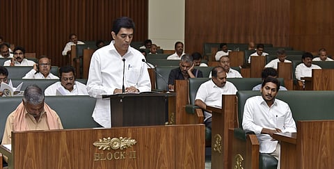Andhra Pradesh Finance minister Buggana Rajendranath Reddy presenting annual budget at assembly in Velagapudi. (Photo | EPS)