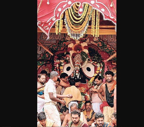 Lord Jagannath on Nandighosa chariot during Bahuda Yatra in Puri on Friday | IRFANA