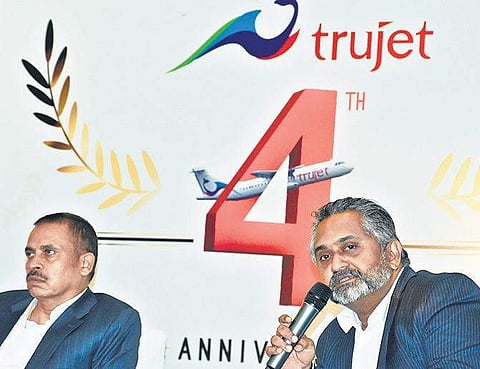 TruJet CFO KG Viswanath (R) speaks to media in Hyderabad on Friday| RVK Rao