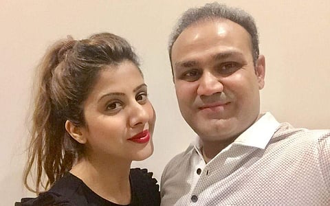 Former Indian cricketer Virender Sehwag and his wife Aarti (Photo | Aarti Sehwag Twitter)