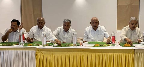 Former Karnataka CM BS Yeddiyurappa having Lunch with BJP MLAs at a Resort in the outskirts of Bengaluru. | Express Photo Services