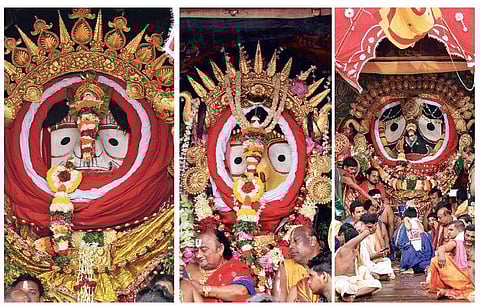 Lord Balabhadra, Devi Subhadra and Lord Jagannath appear in ‘Suna Besha’ on chariots in Puri | ( Photo | EPS )