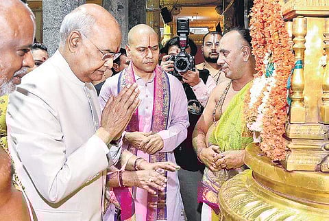 Ram Nath Kovind, President of India, prays at Goddess Padmavathi shrine in Tirupati on July 13. He also visited the main shrine atop the hill  | PTI