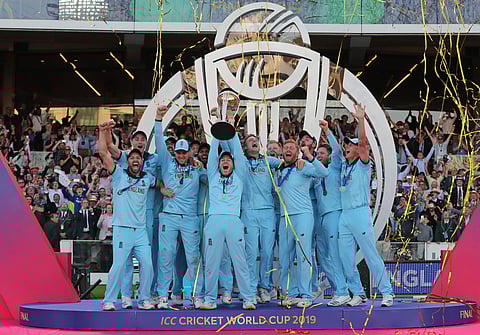 England's captain Eoin Morgan lifts the trophy after winning the Cricket World Cup final match between England and New Zealand at Lord's cricket ground in London. (Photo | AP)