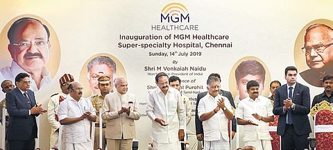 V-P M Venkaiah Naidu (Centre) inaugurating MGM Healthcare Hospital at Nelson Manickam road, in the city on Sunday. (From left) MGM Healthcare Chairman M K Rajagopalan, Fisheries Minister D Jayakumar, TN Governor Banwarilal Purohit, Deputy CM  O Panneersel