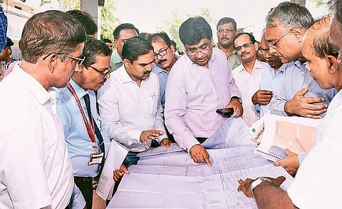 Chairman of Railway Board Vinod Kumar Yadav inspecting ongoing projects at Bhubaneswar Railway Station on Sunday. ( Photo | Express)