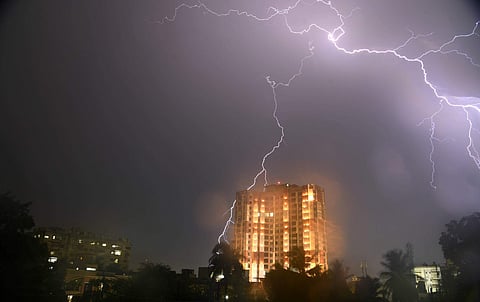 A lightning illuminating the night sky following sudden showers at Egmore on Monday. (Photo | R Satish Babu, EPS)
