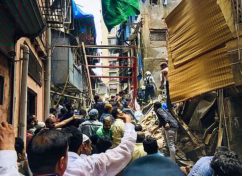Rescue and relief works underway after four-storied Kesarbai building collapsed at Dongri in Mumbai on Tuesday. Around 40 to 50 occupants are feared trapped under the debris as per a BMC official. (Photo | PTI)