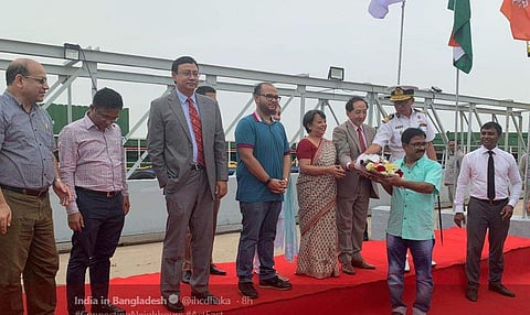 Indian High Commissioner to Bangladesh Riva Ganguly Das, Ambassador of Bhutan to Bangladesh Sonam T Rabgye and Vice-Chairman of Bashundhara Group Safwan Sobhan received the first-ever consignment through the Indo-Bangladesh Protocol Route (Photo | Twitter