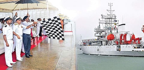 Southern Naval Command Chief Vice-Admiral A K Chawla and DRDO Chairman G Satheesh Reddy jointly flagging off INS Sagardhwani, which set sail from Kochi