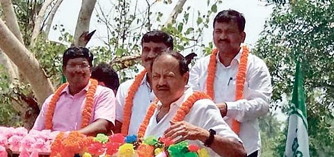 MLA Debi Prasad Mishra campaigning for BJD candidate Sabitri Agrawalla in Patkura on Thursday
