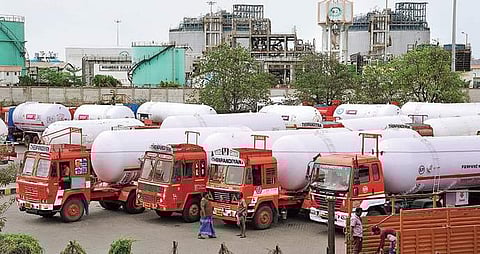 LPG tanker lorries parked at the Indian Oil Petronas Private Limited terminal  at Athipattu village in Chennai on Monday | R Satish Babu