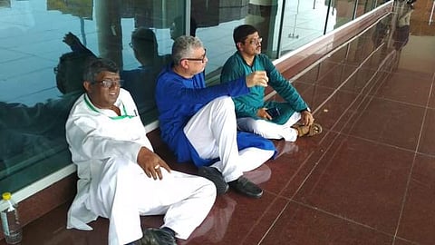 TMC delegation does a sit-in after detained at Varanasi airport (Picture | ANI)