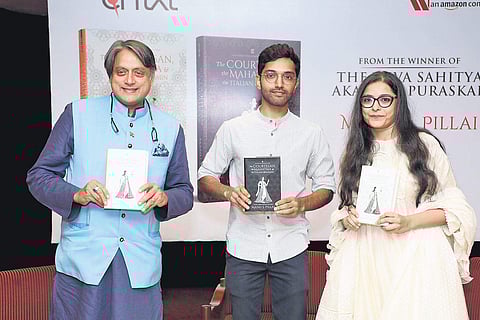 Dr Shashi Tharoor, Manu Pillai and Devapriya Roy at the book launch, IHC Delhi