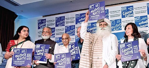 Sadhguru along with actor Suhasini Maniratnam, former ISRO chairmen Dr Radhakrishnan and A S Kiran Kumar and Biocon chief  Kiran Mazumdar-Shaw launches the ‘Cauvery Calling’ initiative in Bengaluru on Saturday (Photo | Vinod Kumar T, EPS)