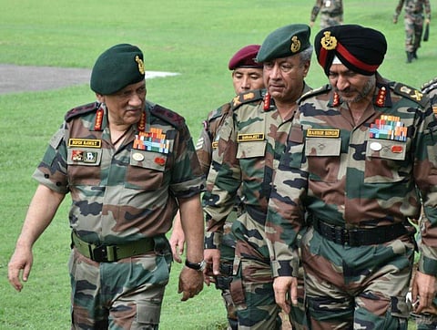 Indian army chief Gen Bipin Rawat accompanied by Lt Gen Ranbir Singh, Northern Command Army Commander visited Akhnoor Sector.  (File |Twitter/ANI)