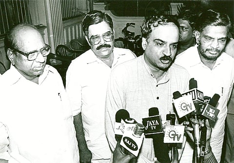 Former Union Minister Ananth Kumar (2nd right),  and Karnataka State BJP president addressing the media. (File Photo | EPS)
