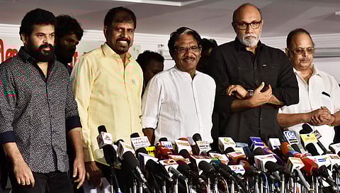 R K Selvamani along with Film Director Amir, P. Bharathiraja and Actor Sathyaraj. (Photo | EPS)