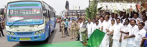 CM Edappadi K Palaniswami flags off transport service along a newly-laid-bypass road between Salem and Tharamalgalam on Sunday | Express