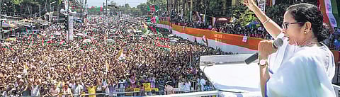 West Bengal Chief Minister and Trinamool supremo Mamata Banerjee addresses a rally to commemorate ‘martyr’s ay in Kolkata on Sunday | PTI